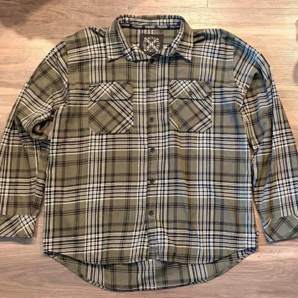Howitzer Patriot Mfg Men’s 2XL Plaid Flannel Olive Black White We The People